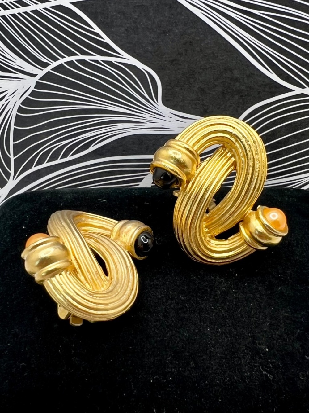 Gold Tubular CLIP Earrings with Glass Cabochon Ends